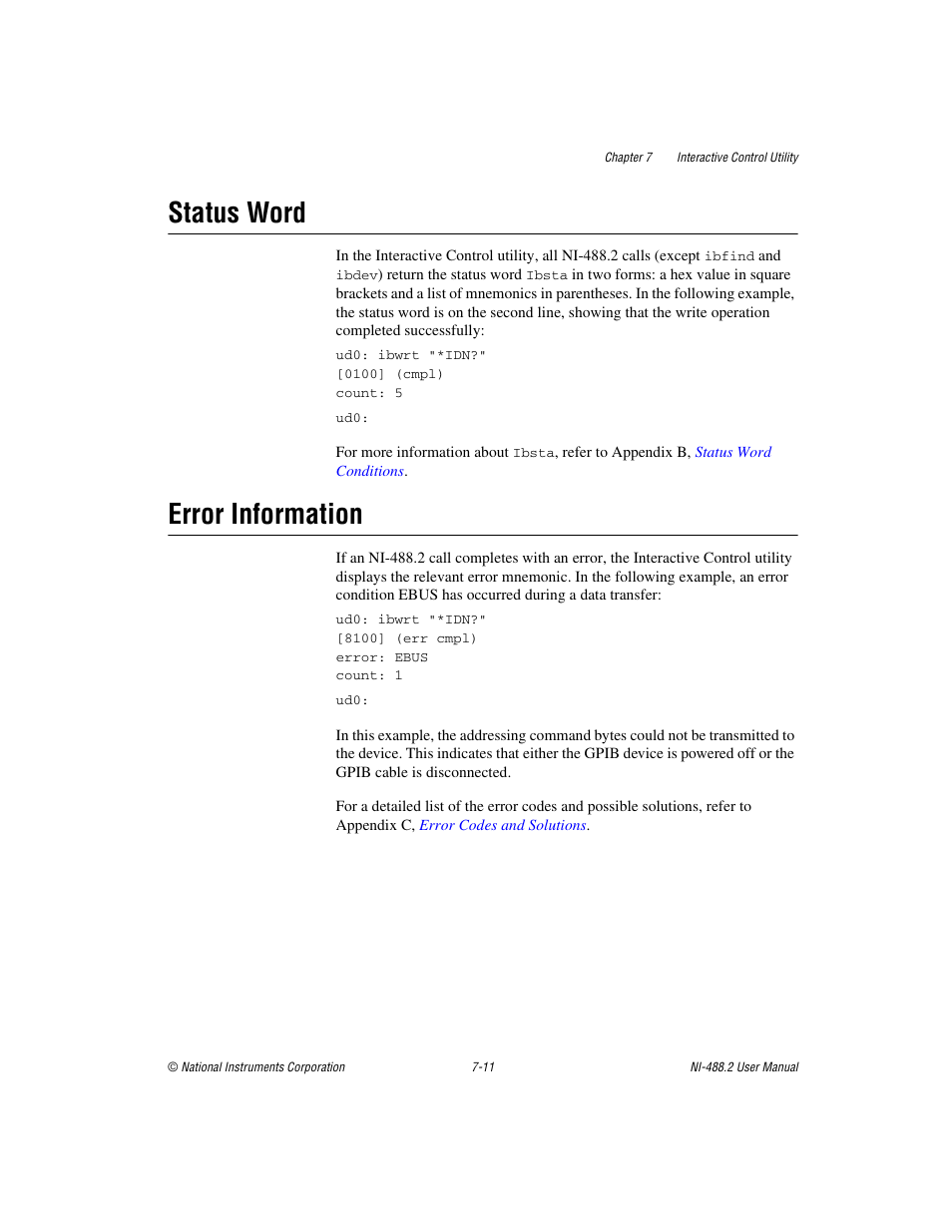 Status word, Error information, Status word -11 error information -11 | National Instruments NI-488.2 User Manual | Page 74 / 137