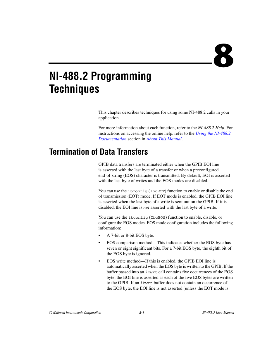 Chapter 8 ni-488.2 programming techniques, Termination of data transfers, Termination of data transfers -1 | Section in chapter 8, Ni-488.2 programming techniques | National Instruments NI-488.2 User Manual | Page 76 / 137