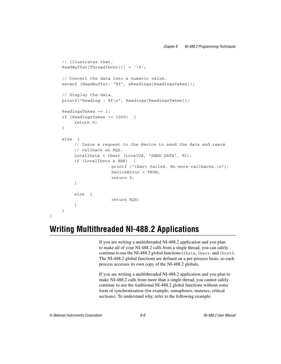 Writing multithreaded ni-488.2 applications, Writing multithreaded ni-488.2 applications -9, Writing multithreaded | Ni-488.2 applications, Writing, Multithreaded ni-488.2 applications, Sectio | National Instruments NI-488.2 User Manual | Page 84 / 137