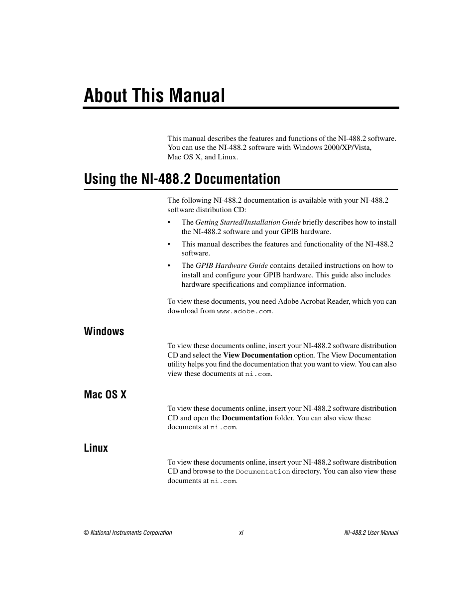 About this manual, Using the ni-488.2 documentation, Windows | Mac os x, Linux | National Instruments NI-488.2 User Manual | Page 9 / 137