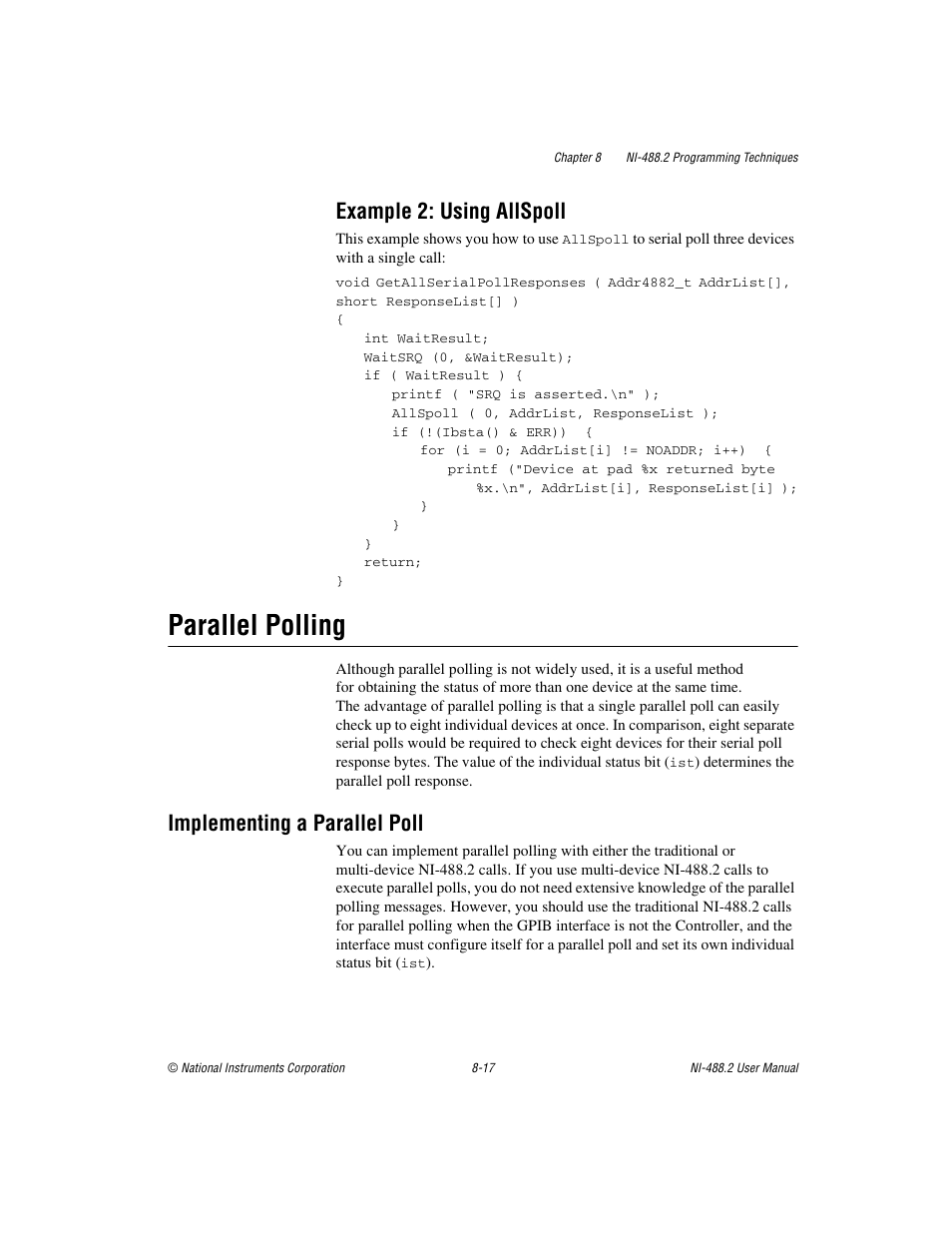 Example 2: using allspoll, Parallel polling, Implementing a parallel poll | Example 2: using allspoll -17, Parallel polling -17, Implementing a parallel poll -17 | National Instruments NI-488.2 User Manual | Page 92 / 137