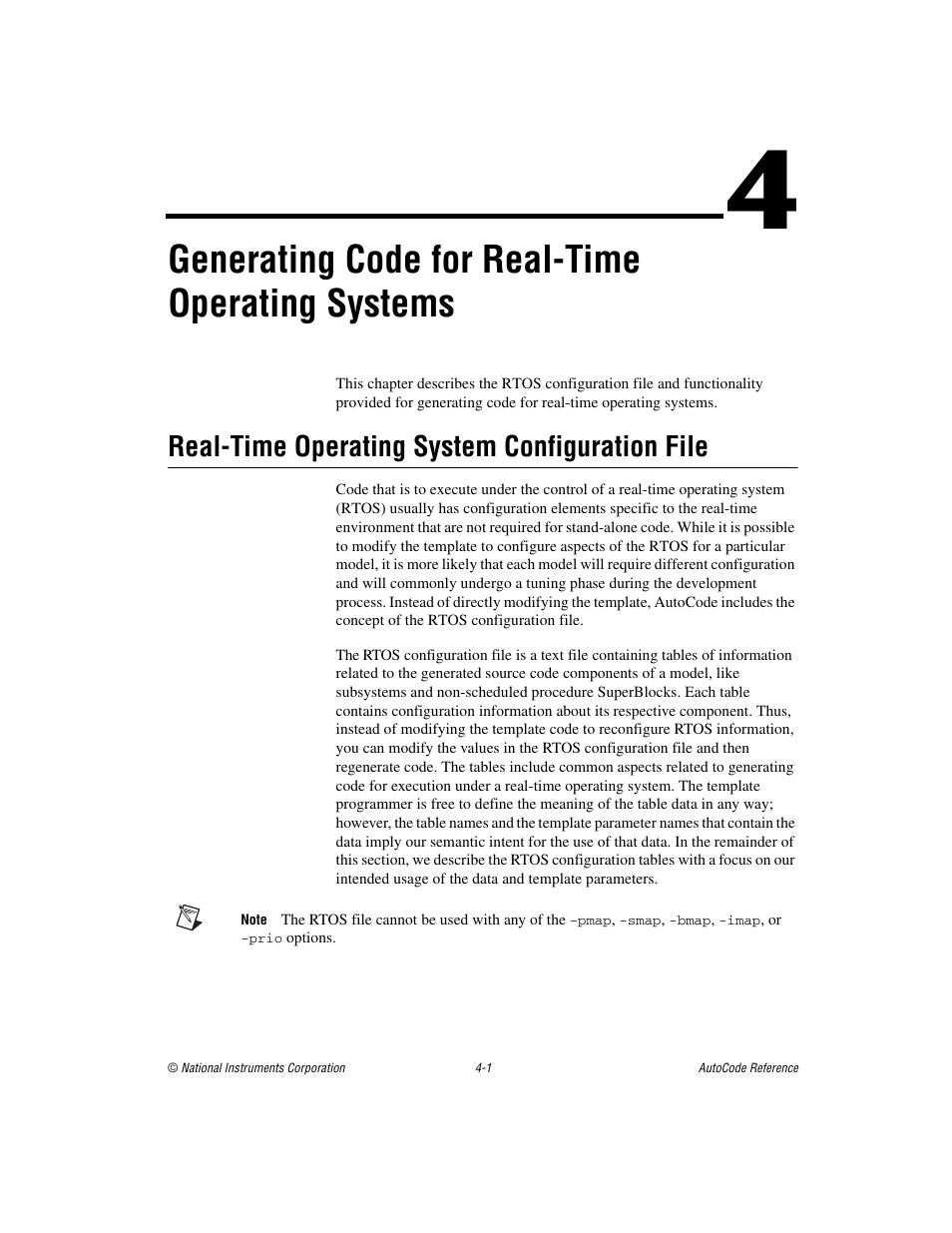 Real-time operating system configuration file, Real-time operating system configuration file -1, Er 4 | Generating code for real-time operating systems, Generating code for real-time, Operating systems | National Instruments AutoCode NI MATRIX User Manual | Page 100 / 250