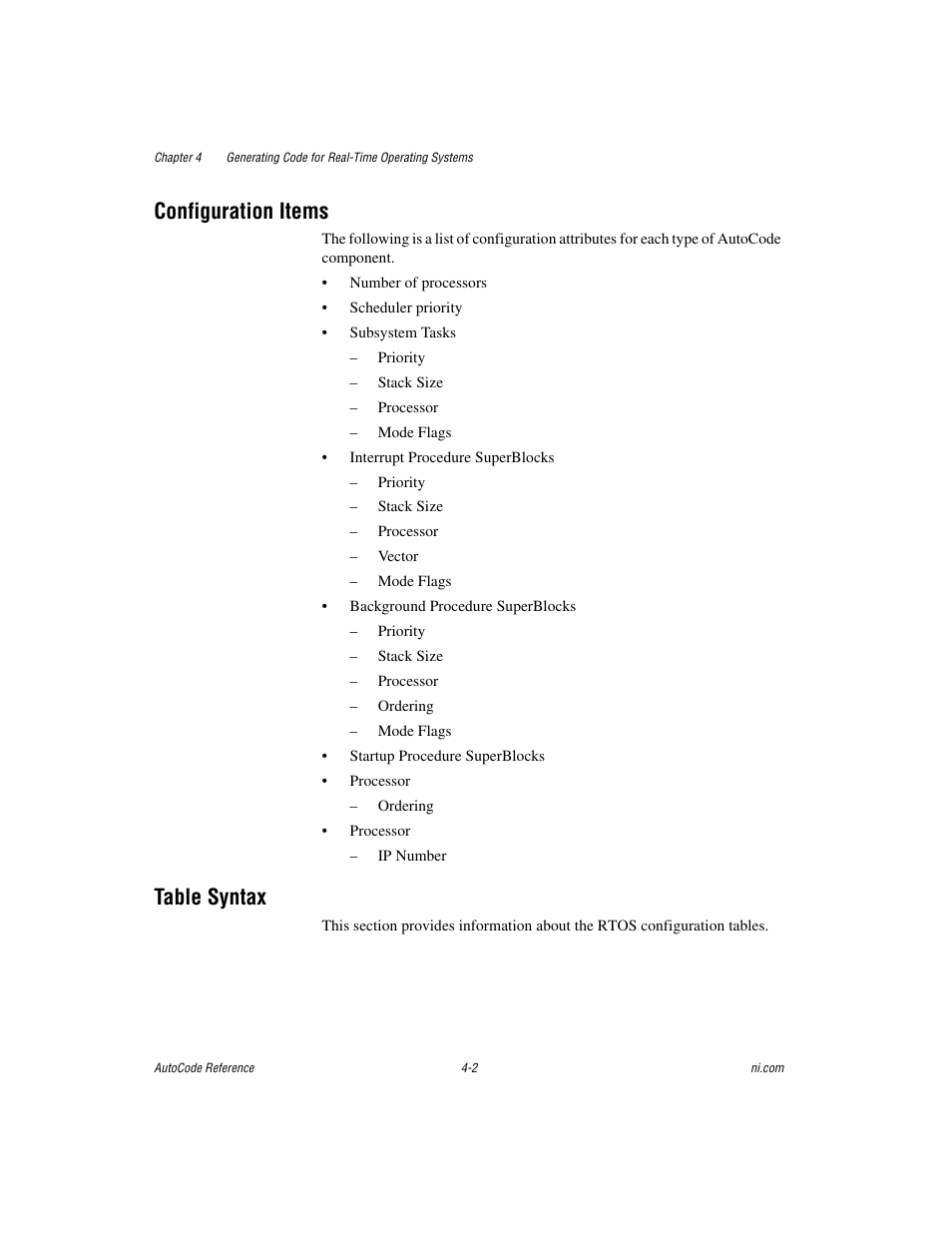 Configuration items, Table syntax, Configuration items -2 table syntax -2 | National Instruments AutoCode NI MATRIX User Manual | Page 101 / 250