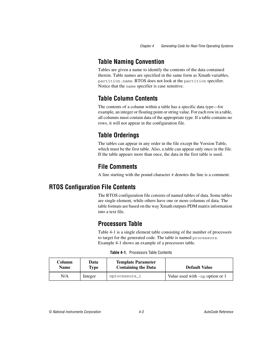 Table naming convention, Table column contents, Table orderings | File comments, Rtos configuration file contents, Processors table, Table 4-1. processors table contents, Rtos configuration file contents -3, Processors table -3 | National Instruments AutoCode NI MATRIX User Manual | Page 102 / 250