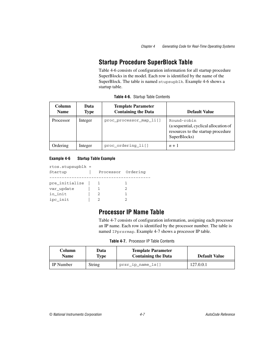 Startup procedure superblock table, Table 4-6. startup table contents, Processor ip name table | Table 4-7. processor ip table contents | National Instruments AutoCode NI MATRIX User Manual | Page 106 / 250