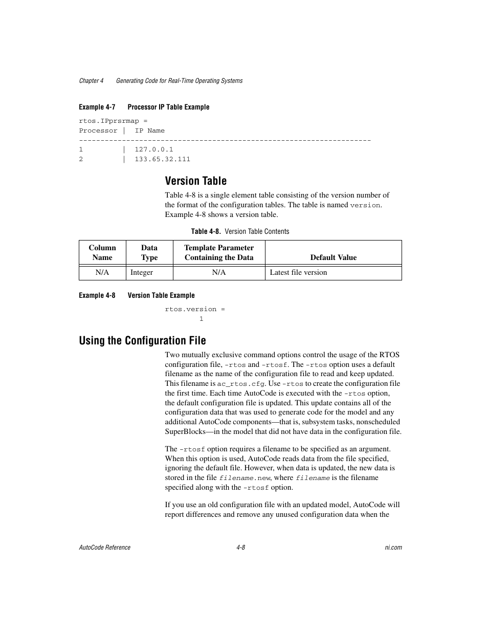 Version table, Table 4-8. version table contents, Using the configuration file | Version table -8, Using the configuration file -8 | National Instruments AutoCode NI MATRIX User Manual | Page 107 / 250