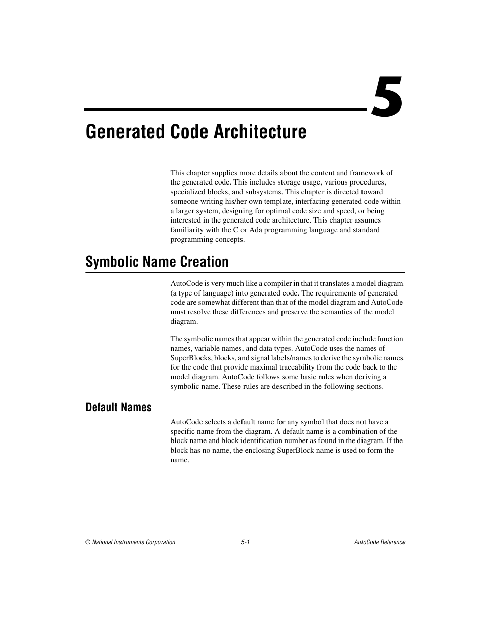 Chapter 5 generated code architecture, Symbolic name creation, Default names | Symbolic name creation -1, Default names -1, Er 5, Generated code architecture, Chapter 5, Generated code, Architecture | National Instruments AutoCode NI MATRIX User Manual | Page 109 / 250