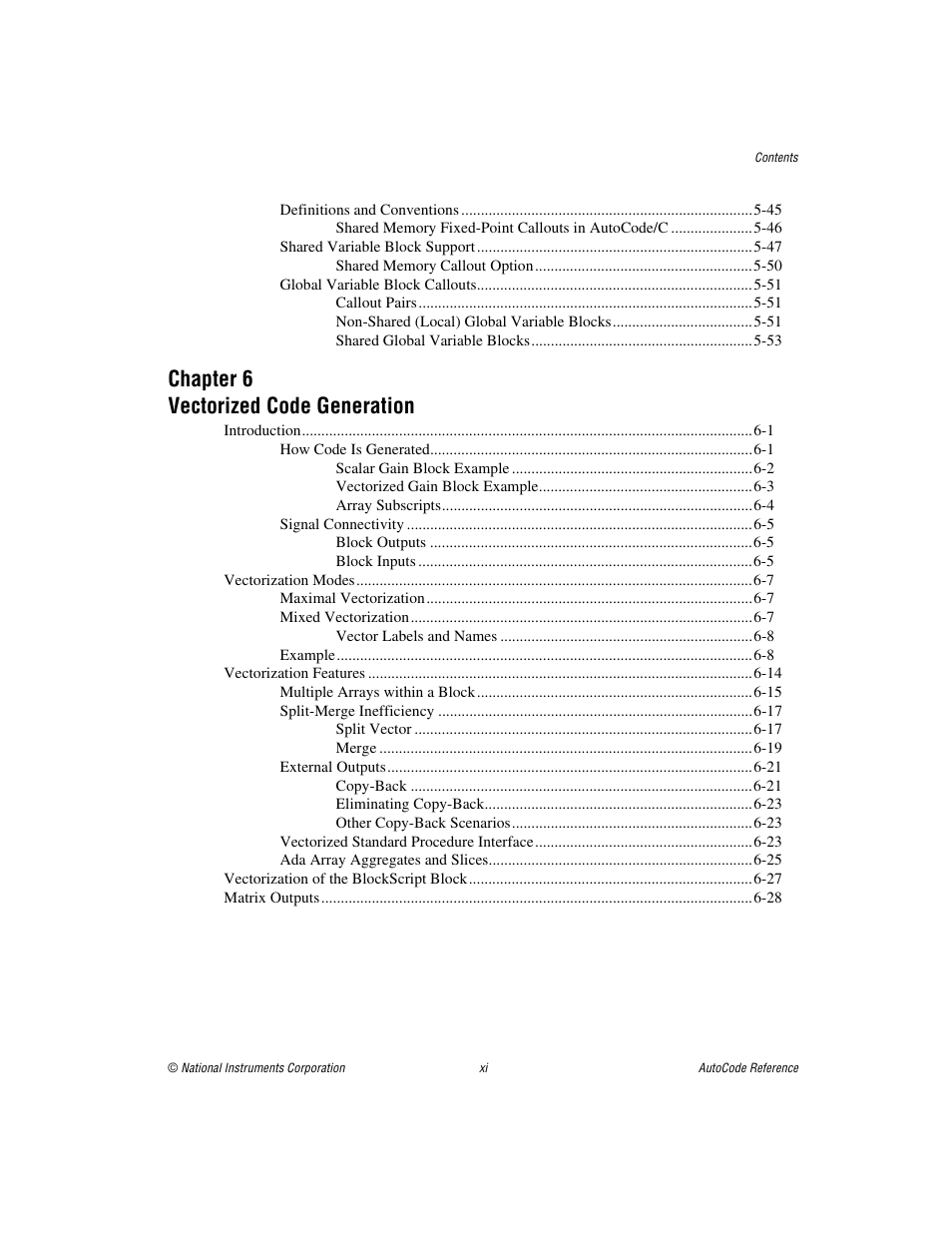 Chapter 6 vectorized code generation | National Instruments AutoCode NI MATRIX User Manual | Page 11 / 250