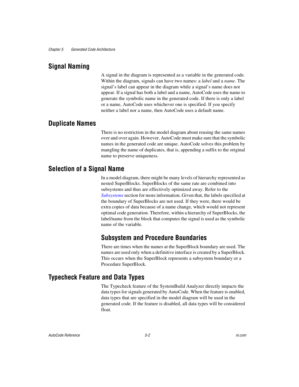 Signal naming, Duplicate names, Selection of a signal name | Subsystem and procedure boundaries, Typecheck feature and data types, Subsystem and procedure boundaries -2, Typecheck feature and data types -2 | National Instruments AutoCode NI MATRIX User Manual | Page 110 / 250