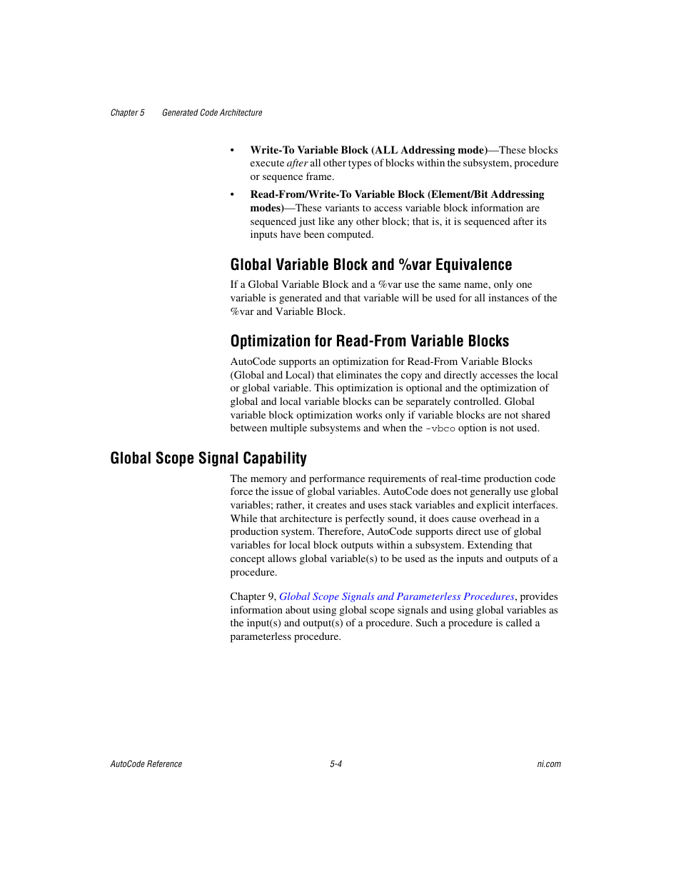 Global variable block and %var equivalence, Optimization for read-from variable blocks, Global scope signal capability | Global scope signal capability -4 | National Instruments AutoCode NI MATRIX User Manual | Page 112 / 250