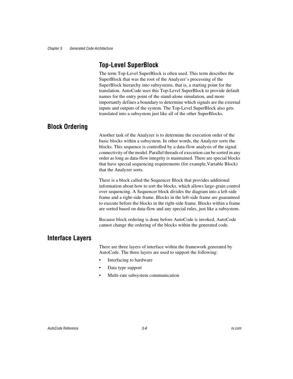 Top-level superblock, Block ordering, Interface layers | Top-level superblock -6, Block ordering -6 interface layers -6 | National Instruments AutoCode NI MATRIX User Manual | Page 114 / 250