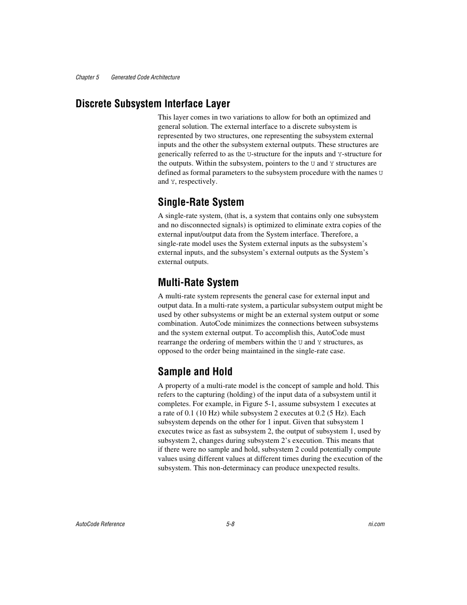 Discrete subsystem interface layer, Single-rate system, Multi-rate system | Sample and hold, Discrete subsystem interface layer -8 | National Instruments AutoCode NI MATRIX User Manual | Page 116 / 250