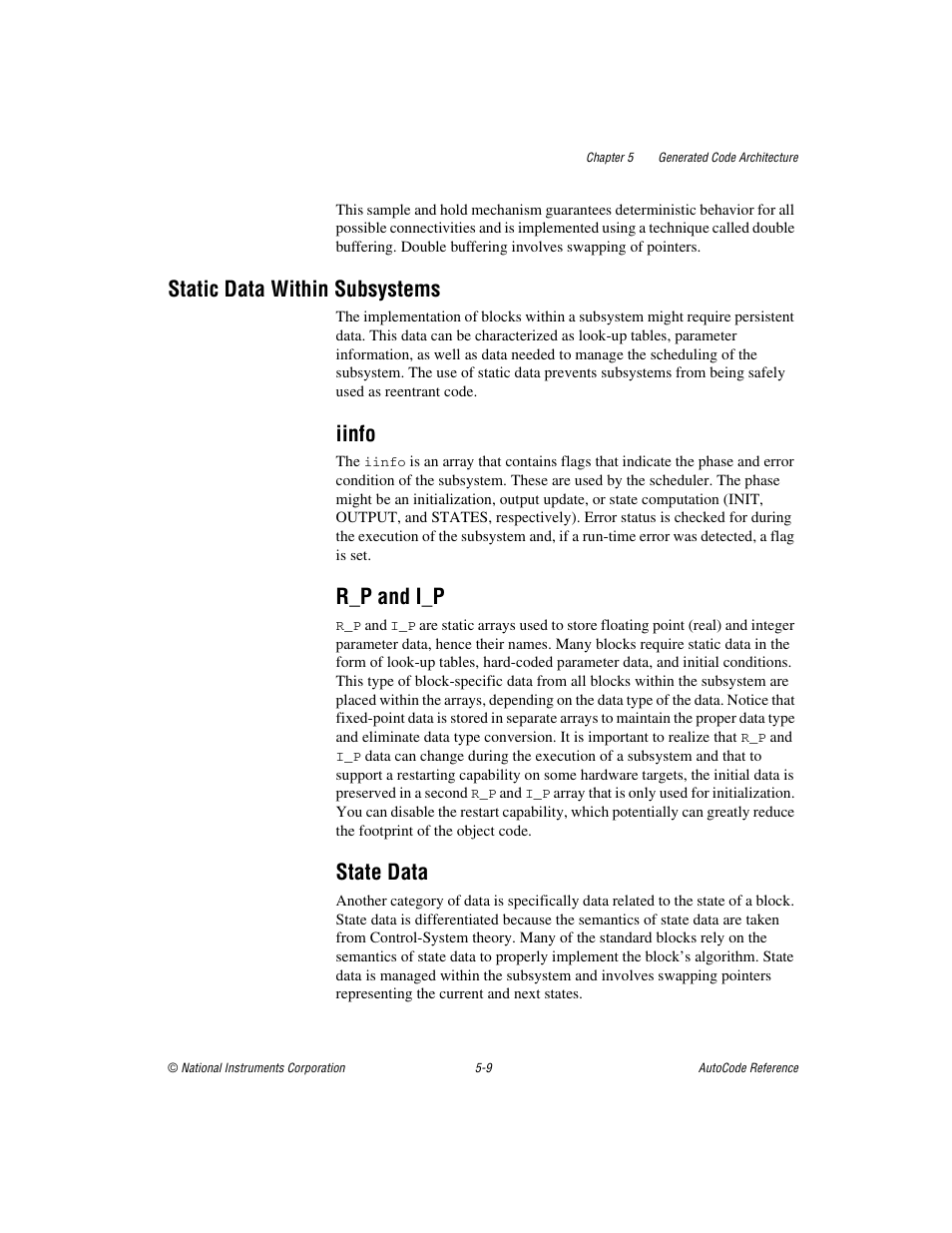Static data within subsystems, Iinfo, R_p and i_p | State data, Static data within subsystems -9, Iinfo -9 r_p and i_p -9 state data -9 | National Instruments AutoCode NI MATRIX User Manual | Page 117 / 250