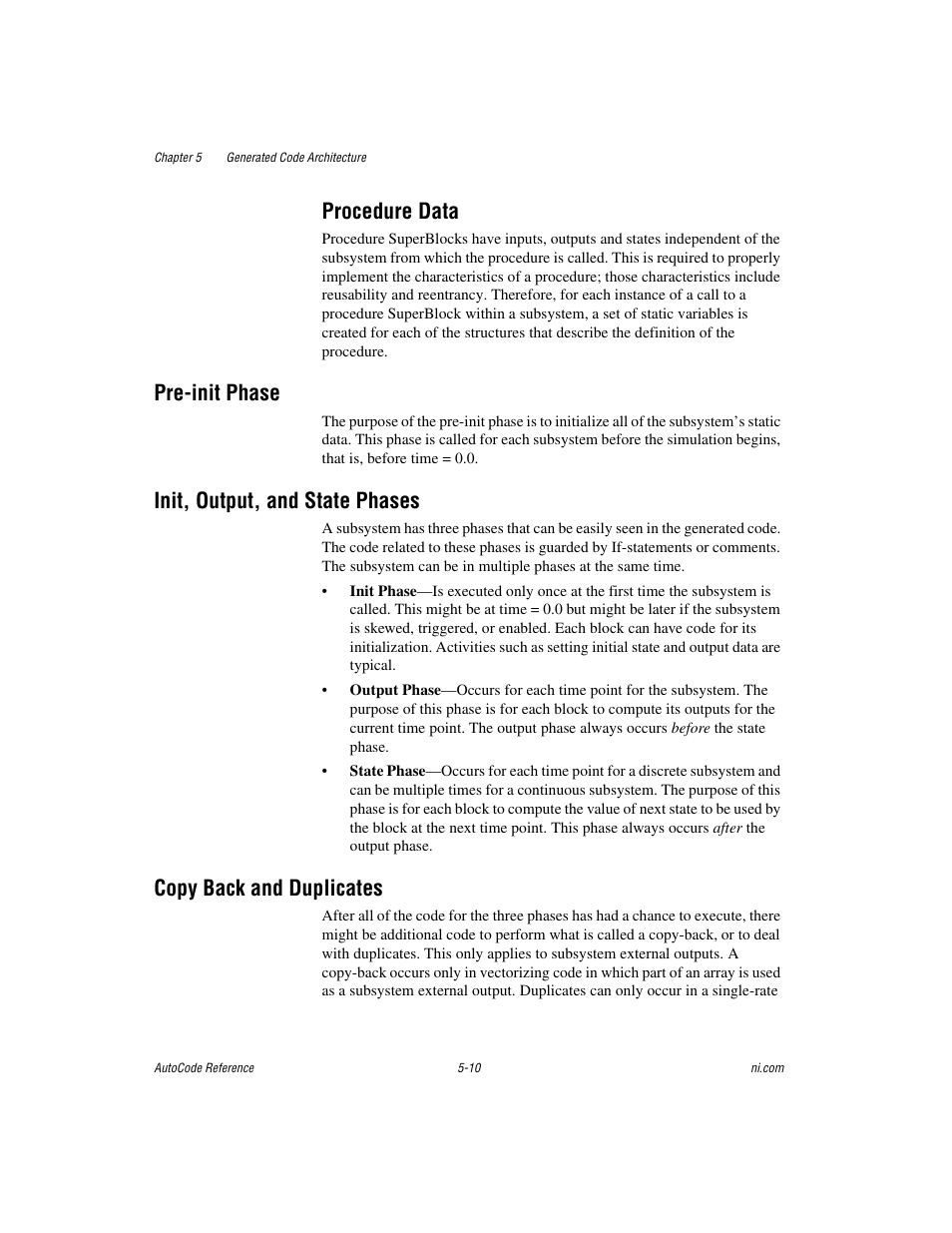 Procedure data, Pre-init phase, Init, output, and state phases | Copy back and duplicates, Procedure data -10 | National Instruments AutoCode NI MATRIX User Manual | Page 118 / 250