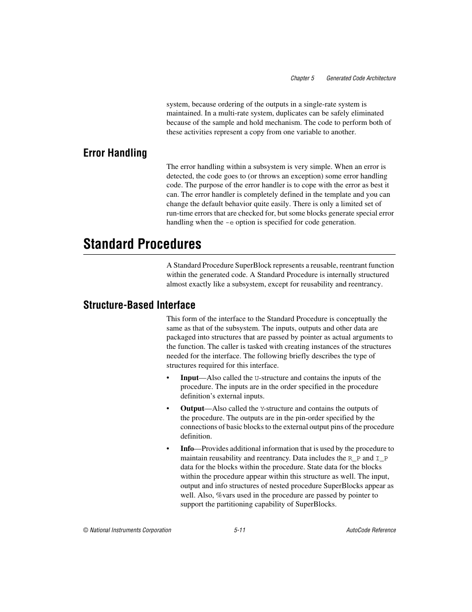 Error handling, Standard procedures, Structure-based interface | Error handling -11, Standard procedures -11, Structure-based interface -11 | National Instruments AutoCode NI MATRIX User Manual | Page 119 / 250