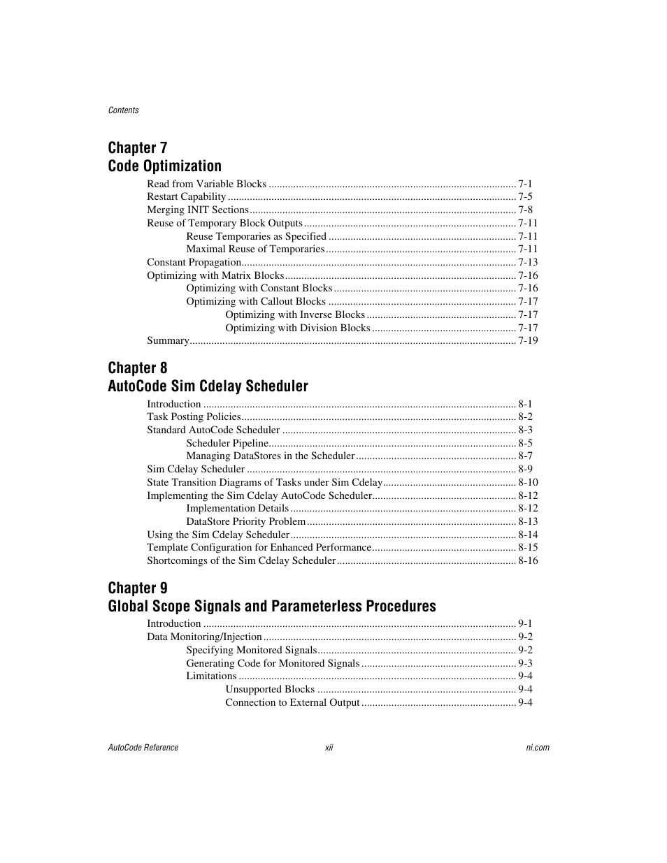 Chapter 7 code optimization, Chapter 8 autocode sim cdelay scheduler | National Instruments AutoCode NI MATRIX User Manual | Page 12 / 250