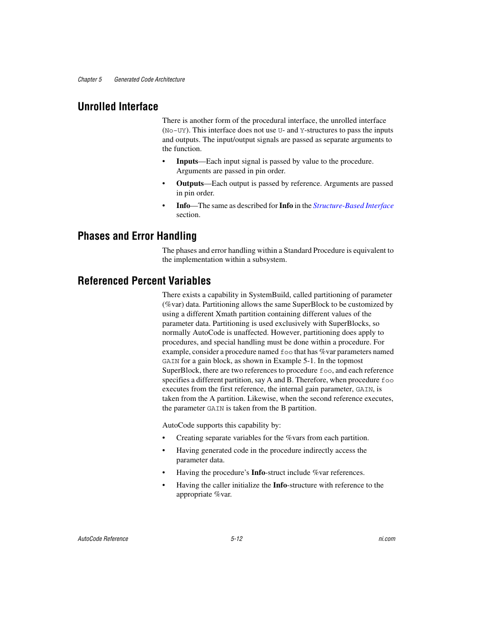 Unrolled interface, Phases and error handling, Referenced percent variables | National Instruments AutoCode NI MATRIX User Manual | Page 120 / 250