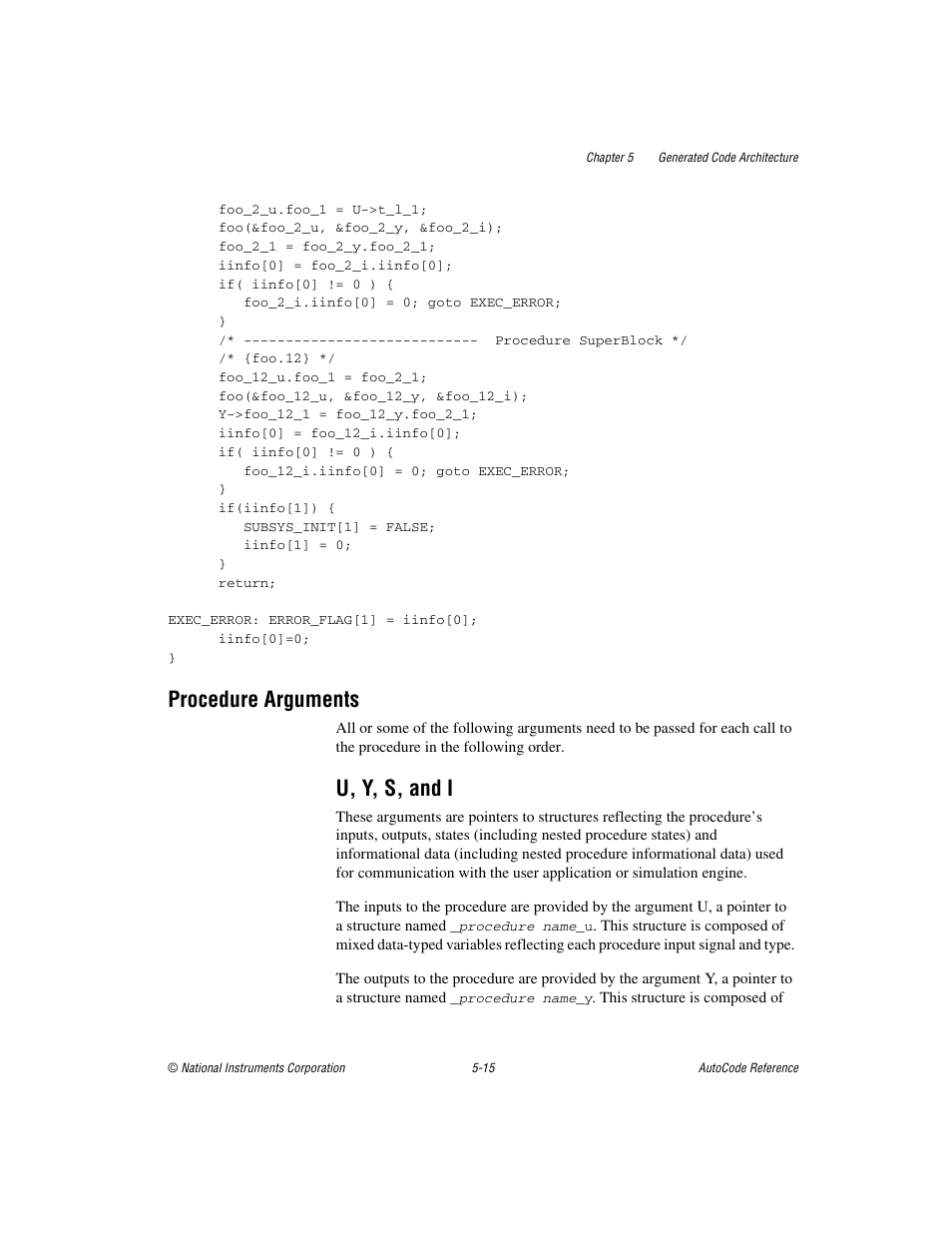 Procedure arguments, U, y, s, and i, Procedure arguments -15 | U, y, s, and i -15 | National Instruments AutoCode NI MATRIX User Manual | Page 123 / 250