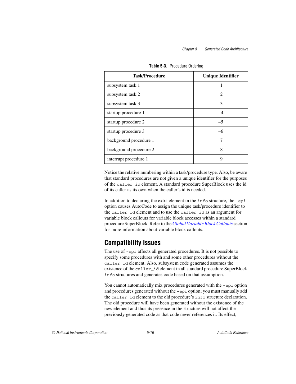 Table 5-3. procedure ordering, Compatibility issues, Compatibility issues -19 | National Instruments AutoCode NI MATRIX User Manual | Page 127 / 250