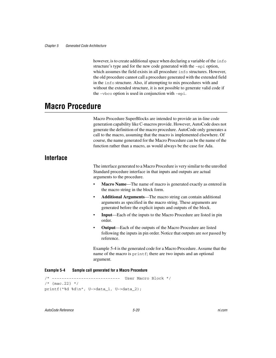 Macro procedure, Interface, Macro procedure -20 | Interface -20 | National Instruments AutoCode NI MATRIX User Manual | Page 128 / 250