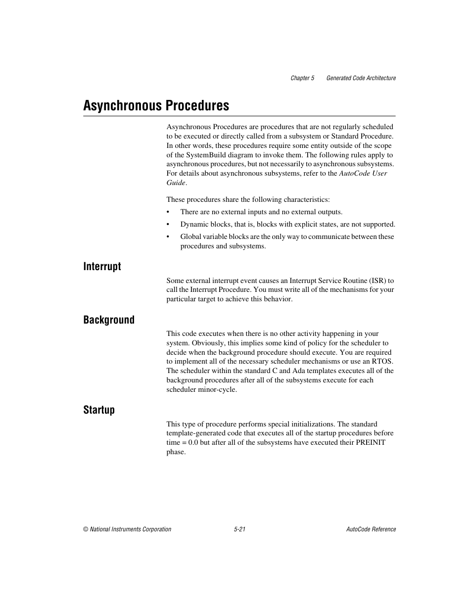 Asynchronous procedures, Interrupt, Background | Startup, Asynchronous procedures -21, Interrupt -21 background -21 startup -21 | National Instruments AutoCode NI MATRIX User Manual | Page 129 / 250