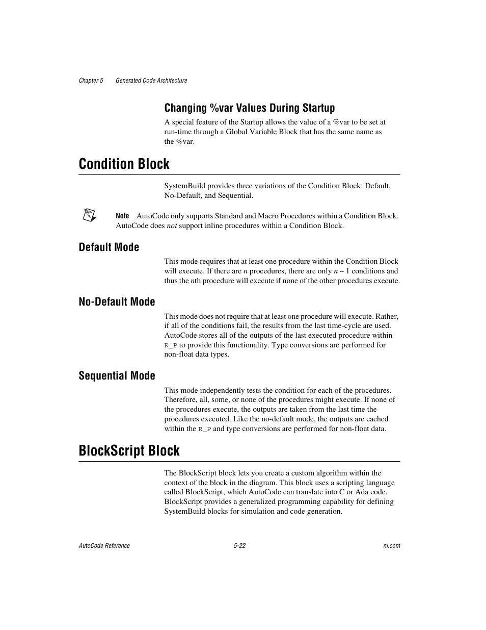 Changing %var values during startup, Condition block, Default mode | No-default mode, Sequential mode, Blockscript block, Changing %var values during startup -22, Condition block -22, Blockscript block -22 | National Instruments AutoCode NI MATRIX User Manual | Page 130 / 250