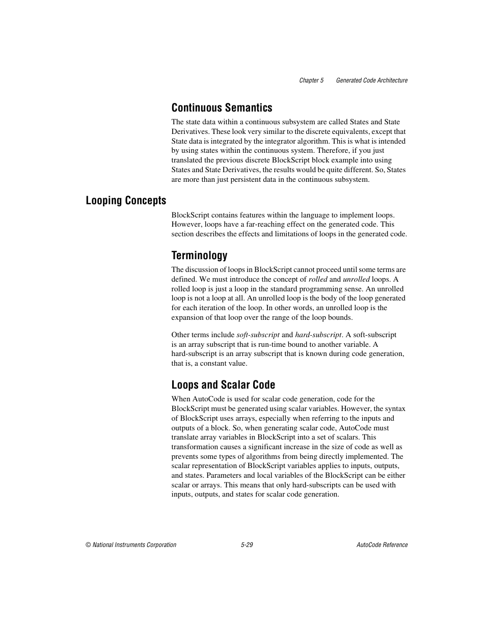 Continuous semantics, Looping concepts, Terminology | Loops and scalar code, Continuous semantics -29, Looping concepts -29, Terminology -29 loops and scalar code -29 | National Instruments AutoCode NI MATRIX User Manual | Page 137 / 250