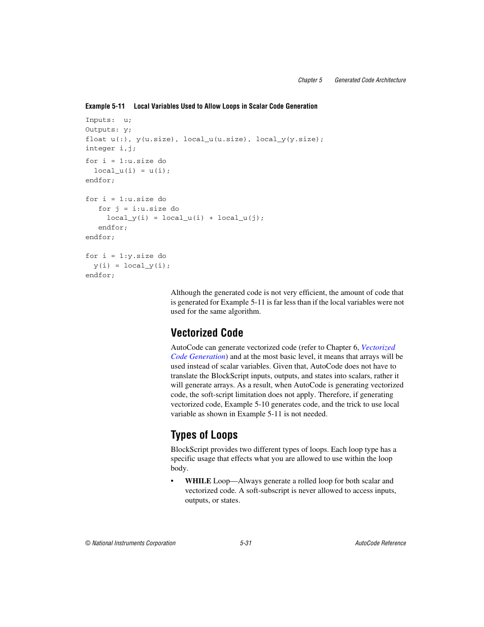 Vectorized code, Types of loops, Vectorized code -31 types of loops -31 | National Instruments AutoCode NI MATRIX User Manual | Page 139 / 250