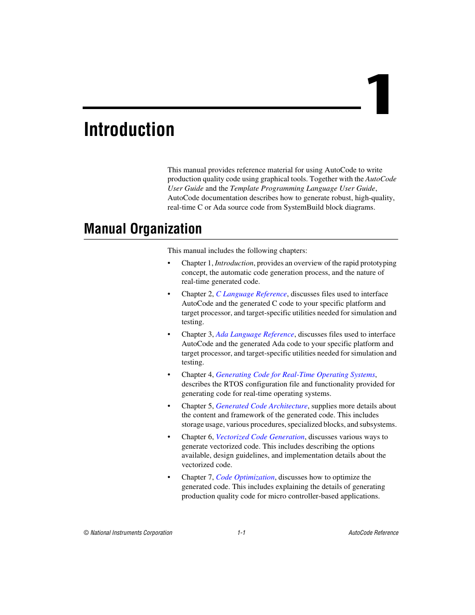 Chapter 1 introduction, Manual organization, Manual organization -1 | Introduction | National Instruments AutoCode NI MATRIX User Manual | Page 14 / 250
