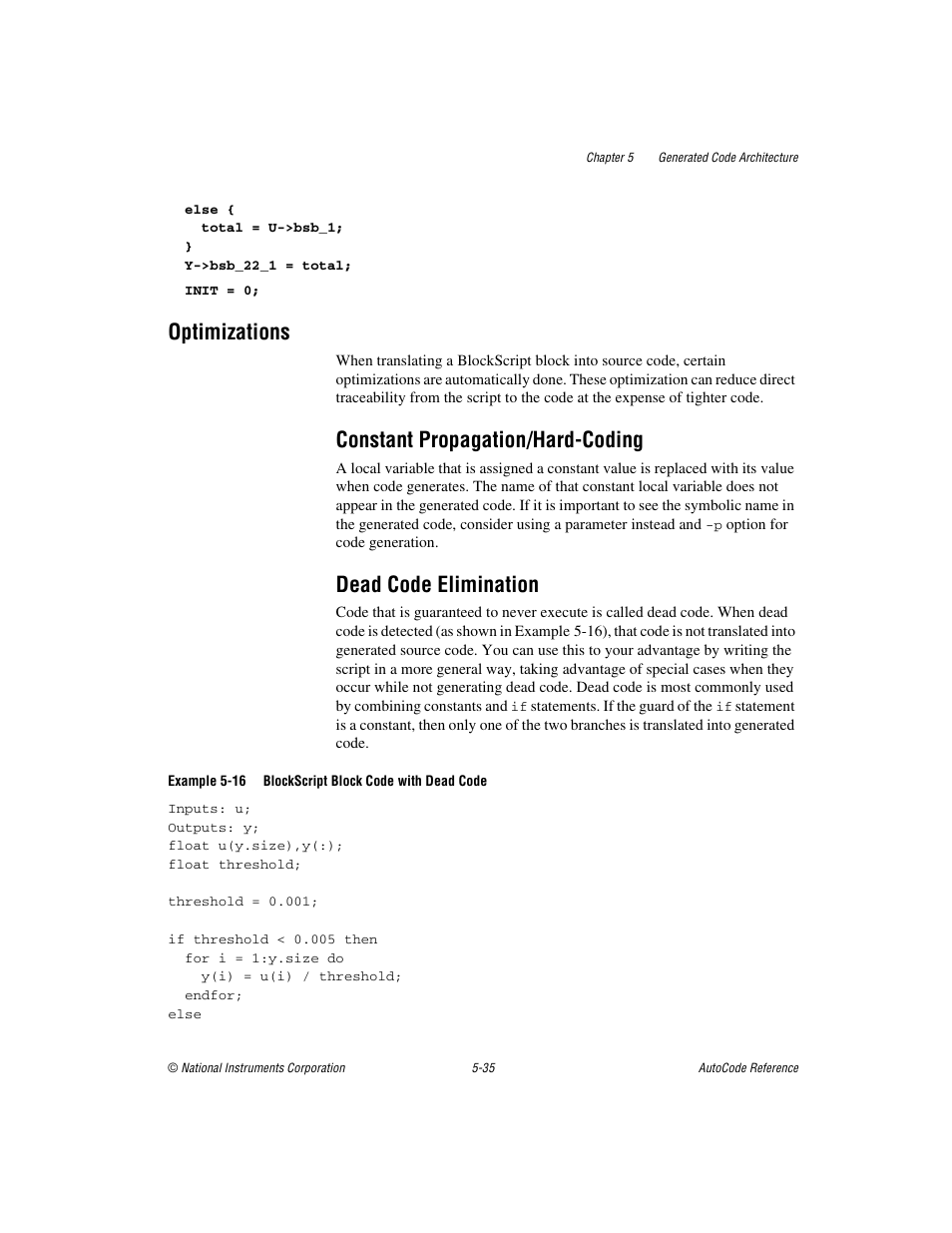 Optimizations, Constant propagation/hard-coding, Dead code elimination | Optimizations -35 | National Instruments AutoCode NI MATRIX User Manual | Page 143 / 250