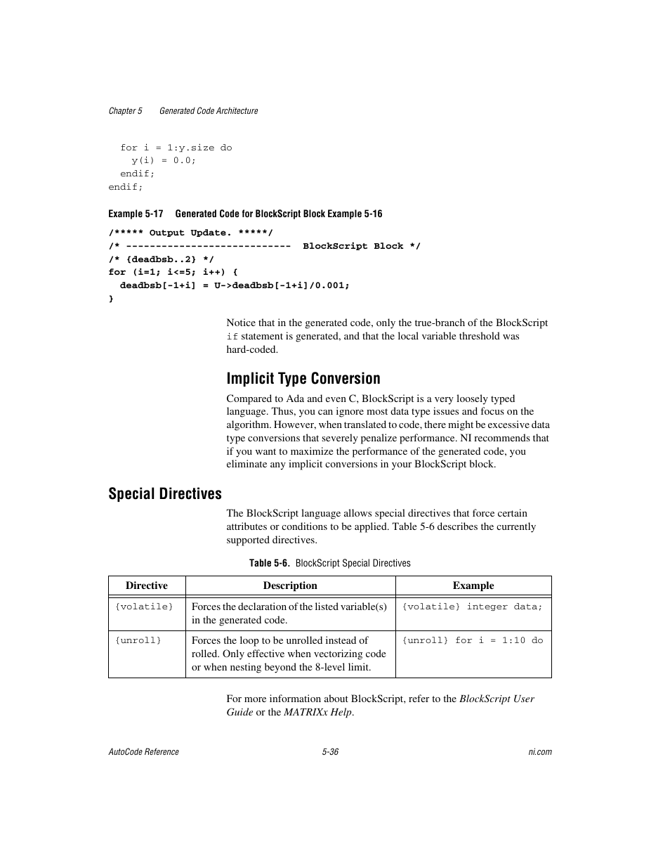 Implicit type conversion, Special directives, Table 5-6. blockscript special directives | Implicit type conversion -36, Special directives -36 | National Instruments AutoCode NI MATRIX User Manual | Page 144 / 250