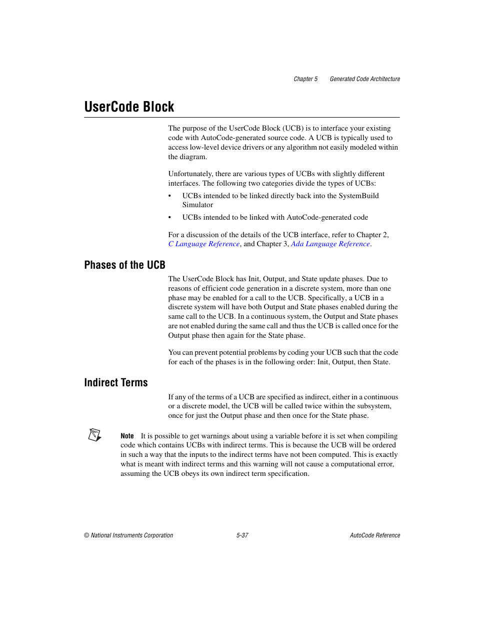 Usercode block, Phases of the ucb, Indirect terms | Usercode block -37, Phases of the ucb -37 indirect terms -37, Sectio | National Instruments AutoCode NI MATRIX User Manual | Page 145 / 250