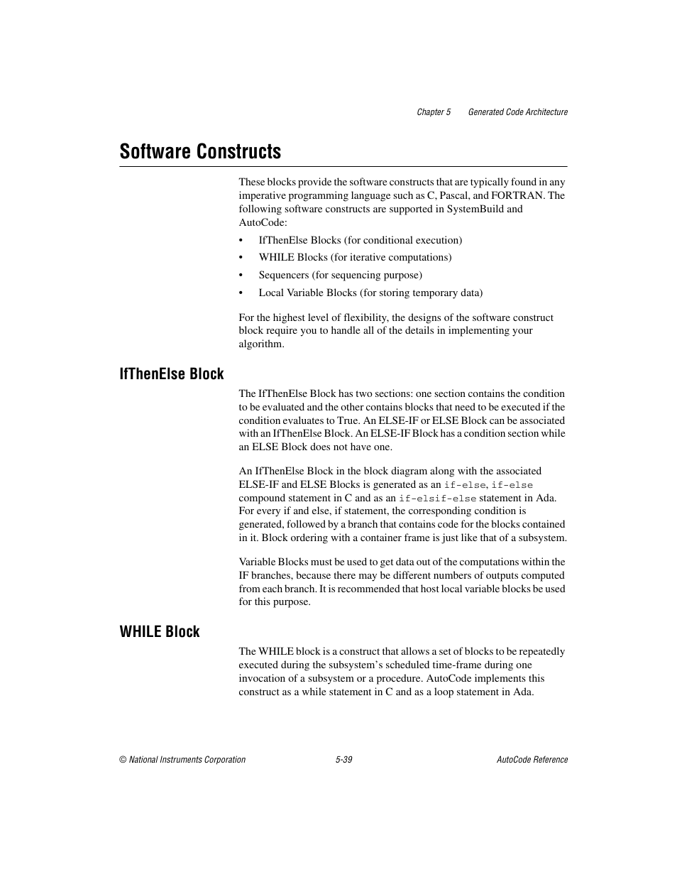 Software constructs, Ifthenelse block, While block | Software constructs -39, Ifthenelse block -39 while block -39 | National Instruments AutoCode NI MATRIX User Manual | Page 147 / 250
