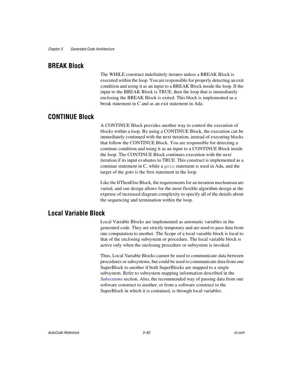 Break block, Continue block, Local variable block | National Instruments AutoCode NI MATRIX User Manual | Page 148 / 250