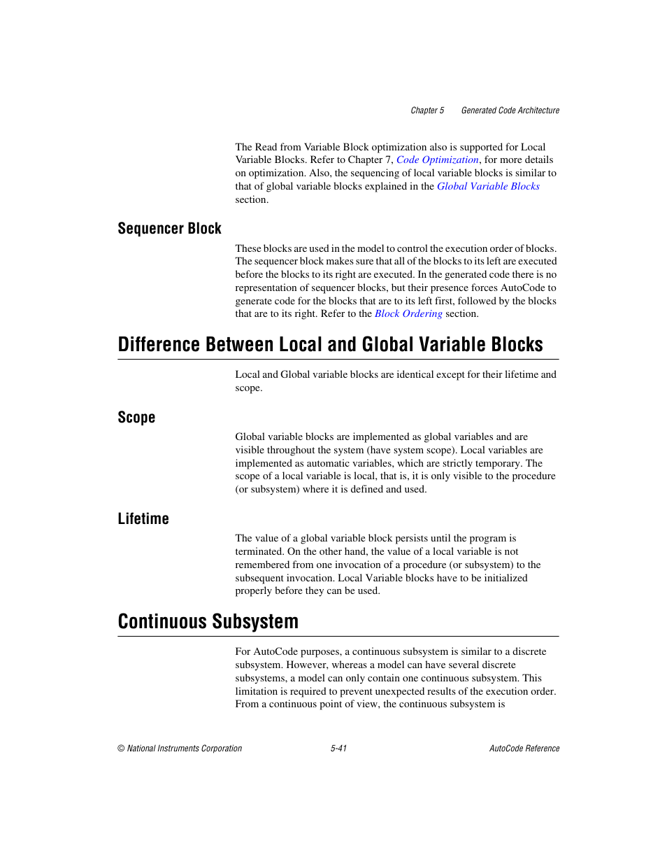 Sequencer block, Scope, Lifetime | Continuous subsystem, Sequencer block -41, Scope -41 lifetime -41, Continuous subsystem -41 | National Instruments AutoCode NI MATRIX User Manual | Page 149 / 250