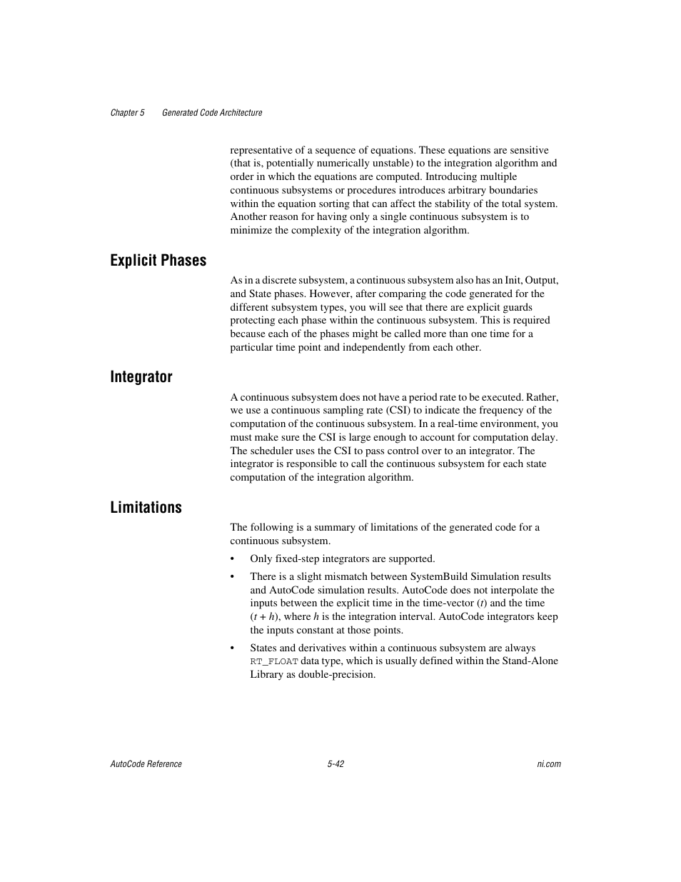 Explicit phases, Integrator, Limitations | Explicit phases -42 integrator -42 limitations -42 | National Instruments AutoCode NI MATRIX User Manual | Page 150 / 250