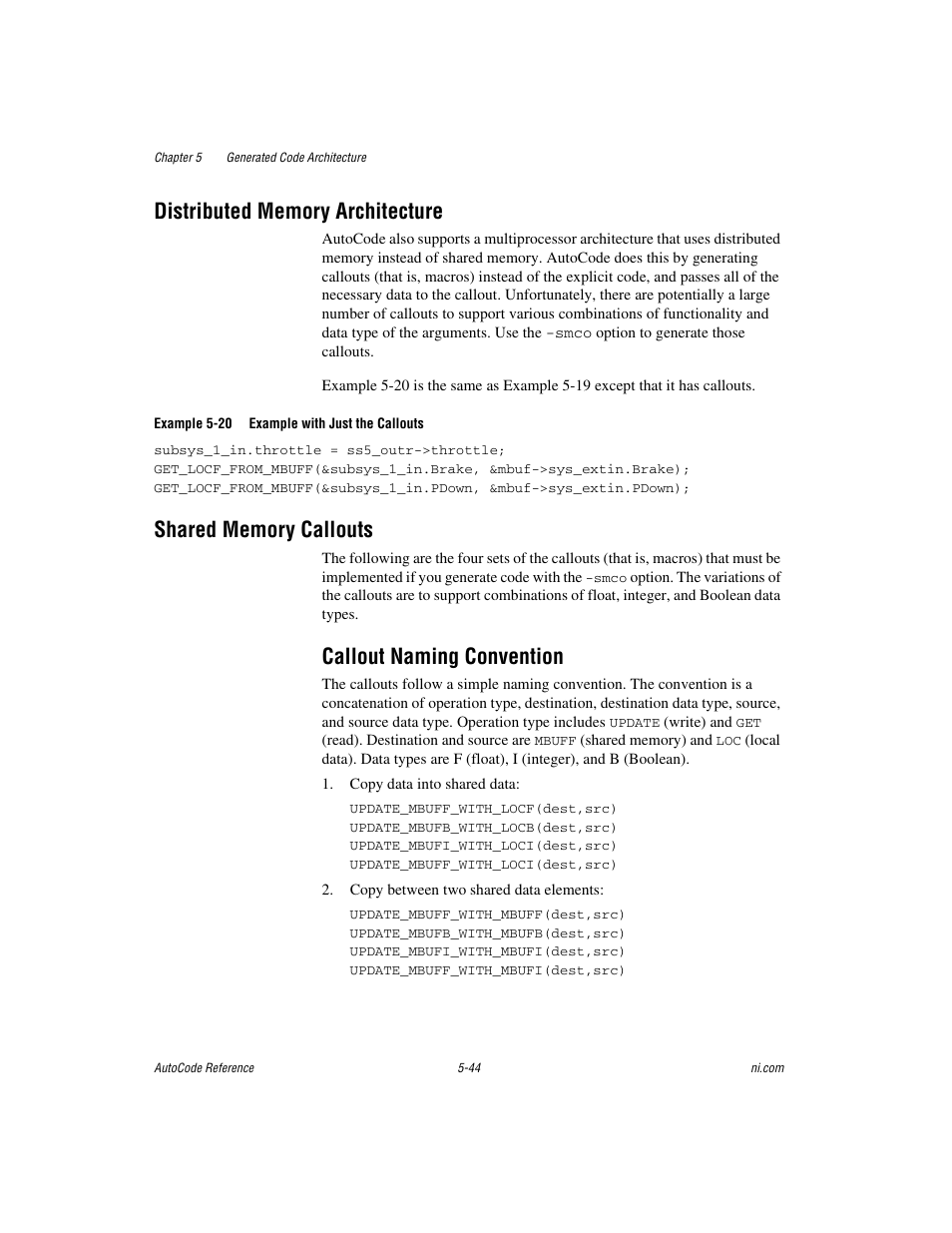 Distributed memory architecture, Shared memory callouts, Callout naming convention | Callout naming convention -44 | National Instruments AutoCode NI MATRIX User Manual | Page 152 / 250