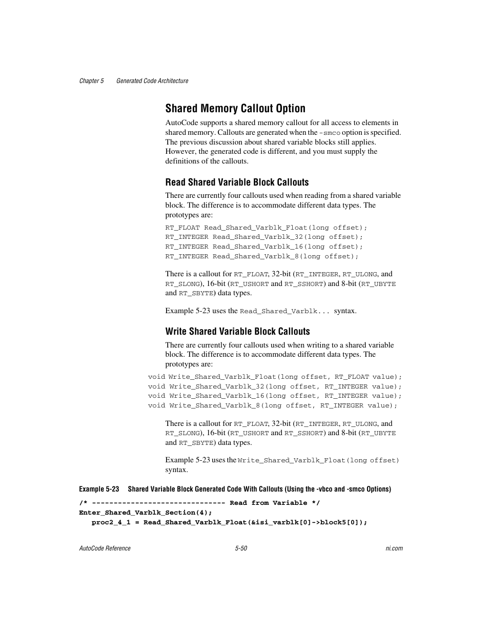Shared memory callout option, Shared memory callout option -50, Read shared variable block callouts | Write shared variable block callouts | National Instruments AutoCode NI MATRIX User Manual | Page 158 / 250
