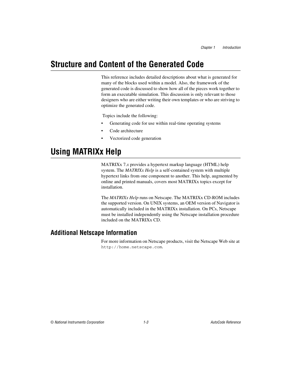 Structure and content of the generated code, Using matrixx help, Additional netscape information | Additional netscape information -3 | National Instruments AutoCode NI MATRIX User Manual | Page 16 / 250