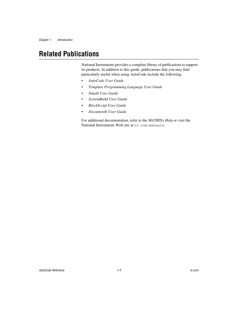 Related publications, Related publications -4 | National Instruments AutoCode NI MATRIX User Manual | Page 17 / 250