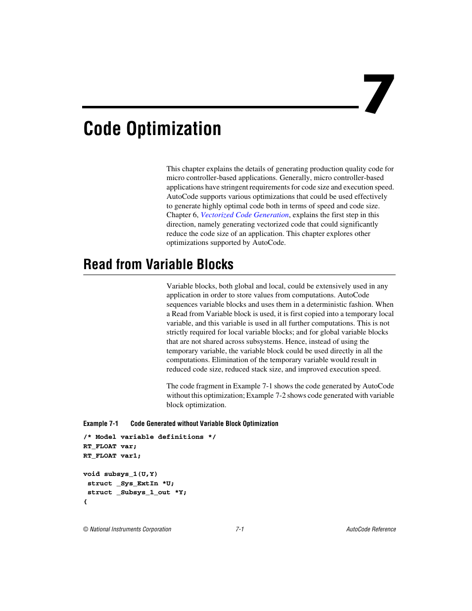 Chapter 7 code optimization, Read from variable blocks, Read from variable blocks -1 | Er 7, Code optimization, Apter 7, Code, Optimization | National Instruments AutoCode NI MATRIX User Manual | Page 192 / 250