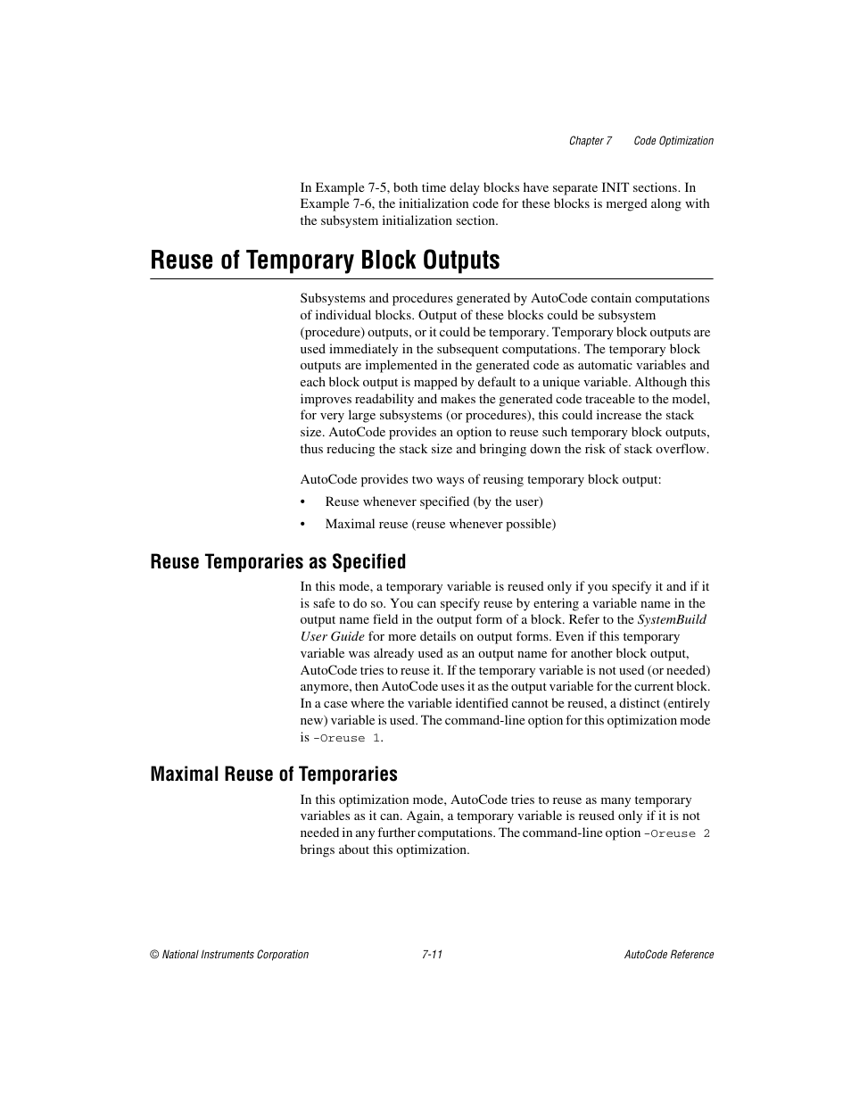 Reuse of temporary block outputs, Reuse temporaries as specified, Maximal reuse of temporaries | Reuse of temporary block outputs -11 | National Instruments AutoCode NI MATRIX User Manual | Page 202 / 250