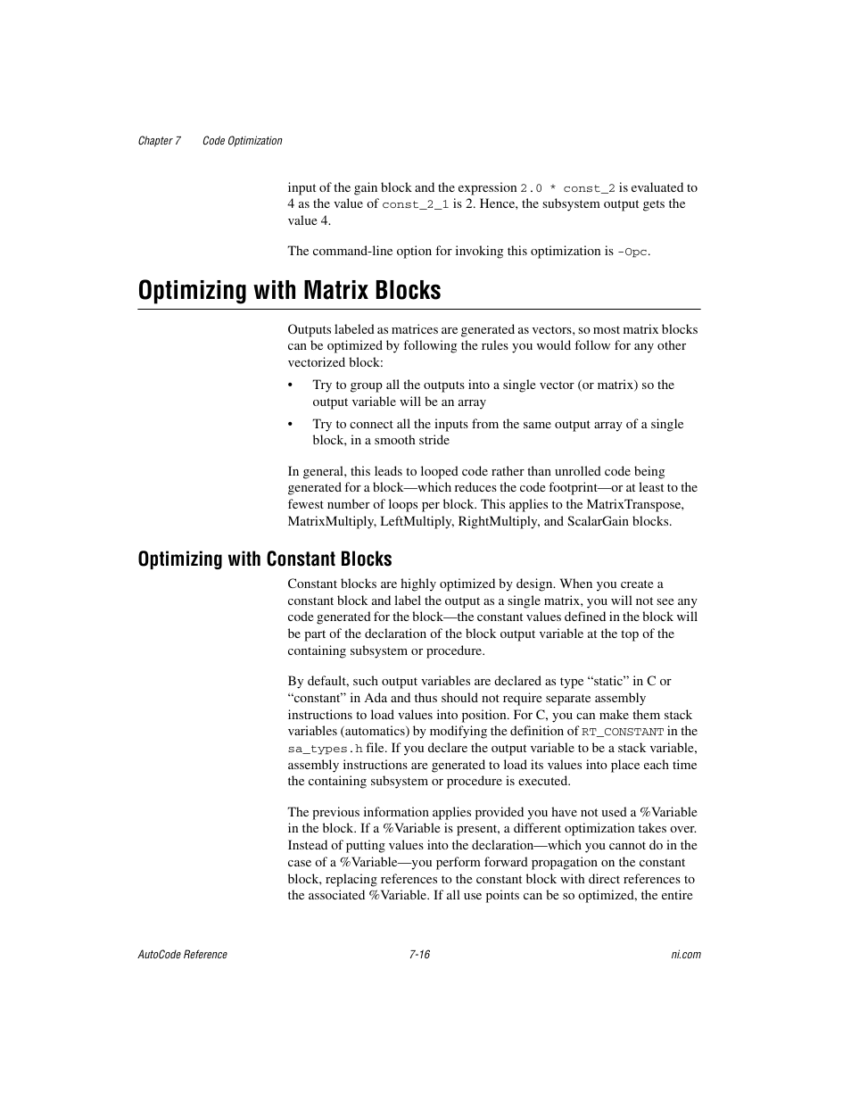 Optimizing with matrix blocks, Optimizing with constant blocks, Optimizing with matrix blocks -16 | Optimizing with constant blocks -16, Sectio | National Instruments AutoCode NI MATRIX User Manual | Page 207 / 250