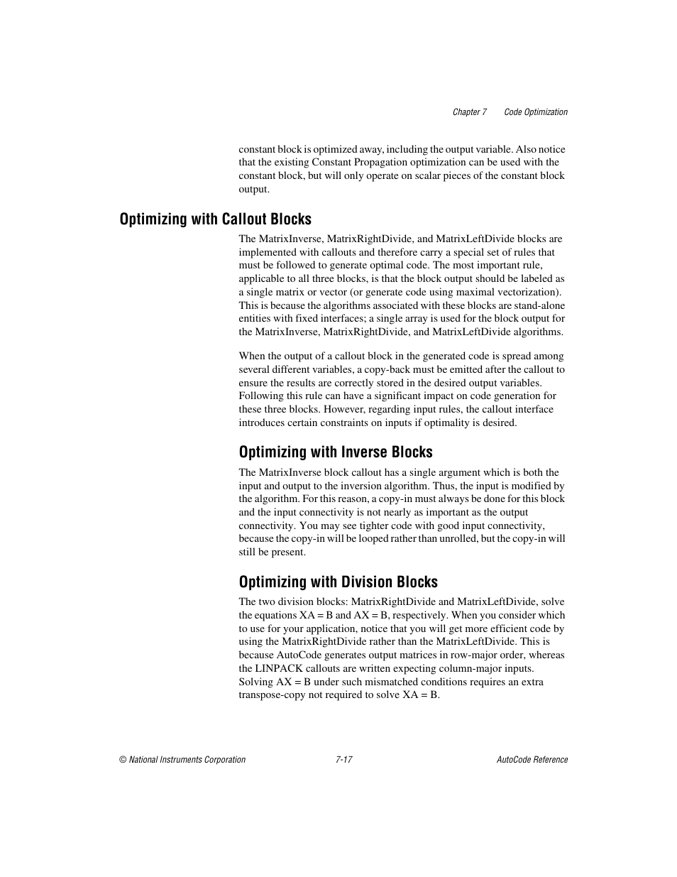 Optimizing with callout blocks, Optimizing with inverse blocks, Optimizing with division blocks | Optimizing with callout blocks -17 | National Instruments AutoCode NI MATRIX User Manual | Page 208 / 250