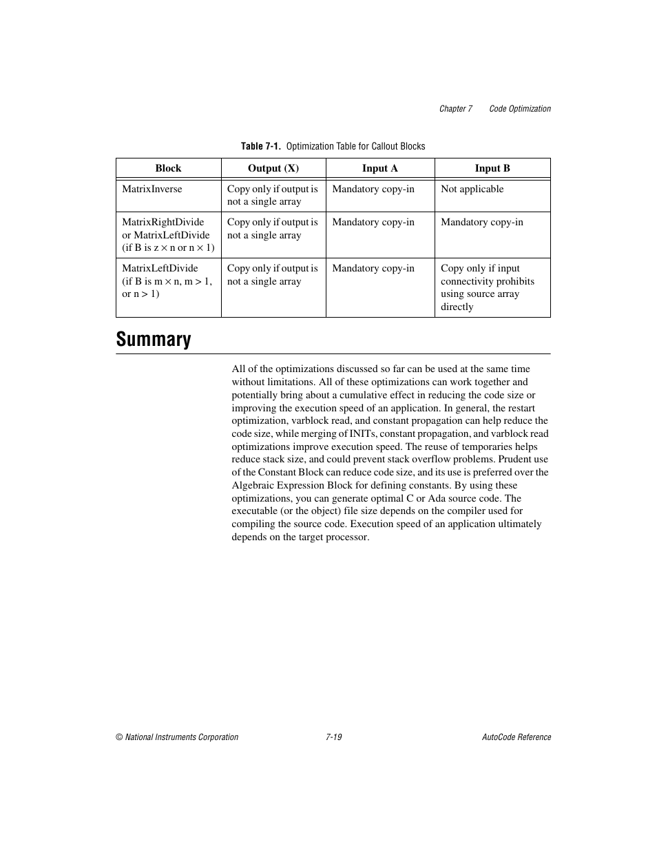 Table 7-1. optimization table for callout blocks, Summary, Summary -19 | National Instruments AutoCode NI MATRIX User Manual | Page 210 / 250