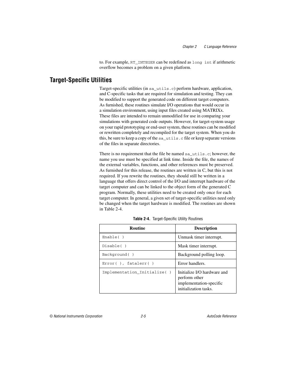 Target-specific utilities, Table 2-4. target-specific utility routines, Target-specific utilities -5 | National Instruments AutoCode NI MATRIX User Manual | Page 22 / 250