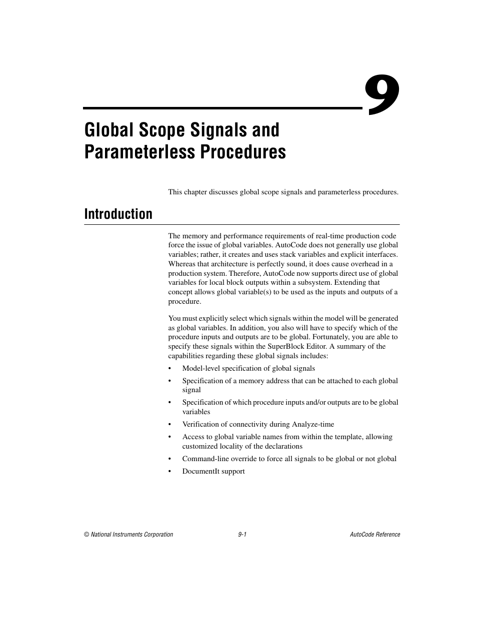 Introduction, Introduction -1, Er 9 | Global scope signals and parameterless procedures, Global, Scope signals and parameterless procedures | National Instruments AutoCode NI MATRIX User Manual | Page 228 / 250