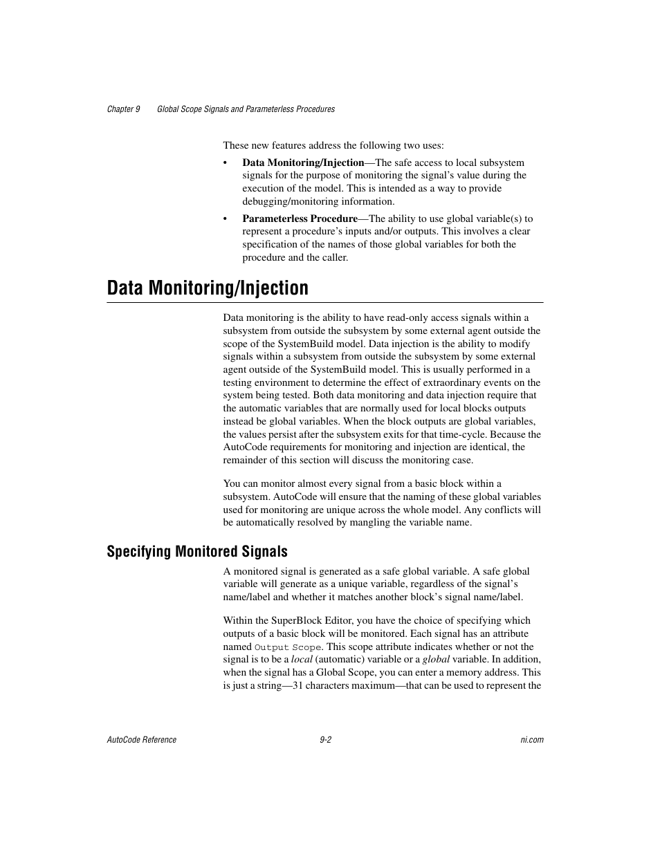 Data monitoring/injection, Specifying monitored signals, Data monitoring/injection -2 | Specifying monitored signals -2 | National Instruments AutoCode NI MATRIX User Manual | Page 229 / 250