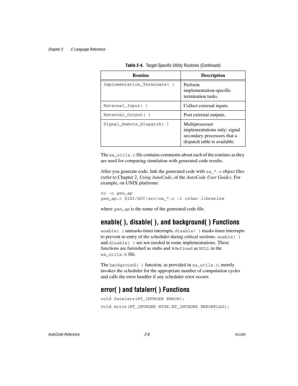 Enable( ), disable( ), and background( ) functions, Error( ) and fatalerr( ) functions | National Instruments AutoCode NI MATRIX User Manual | Page 23 / 250