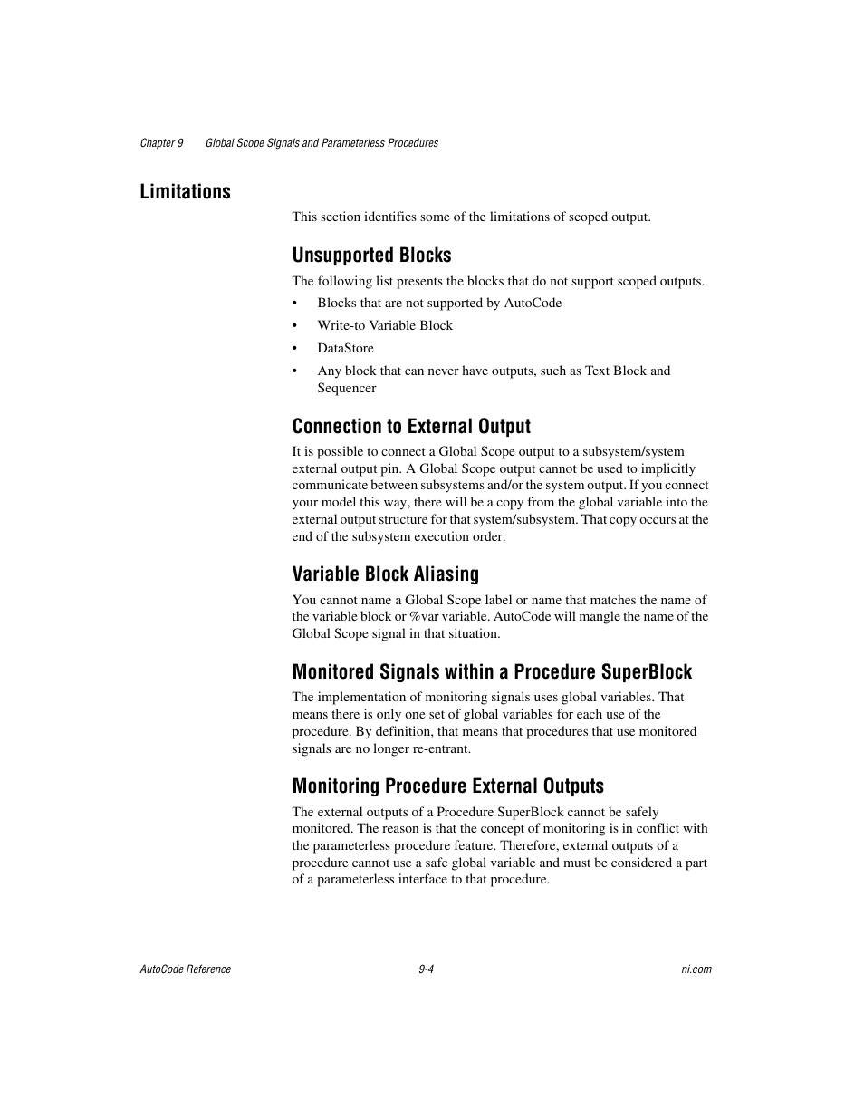 Limitations, Unsupported blocks, Connection to external output | Variable block aliasing, Monitored signals within a procedure superblock, Monitoring procedure external outputs, Limitations -4 | National Instruments AutoCode NI MATRIX User Manual | Page 231 / 250